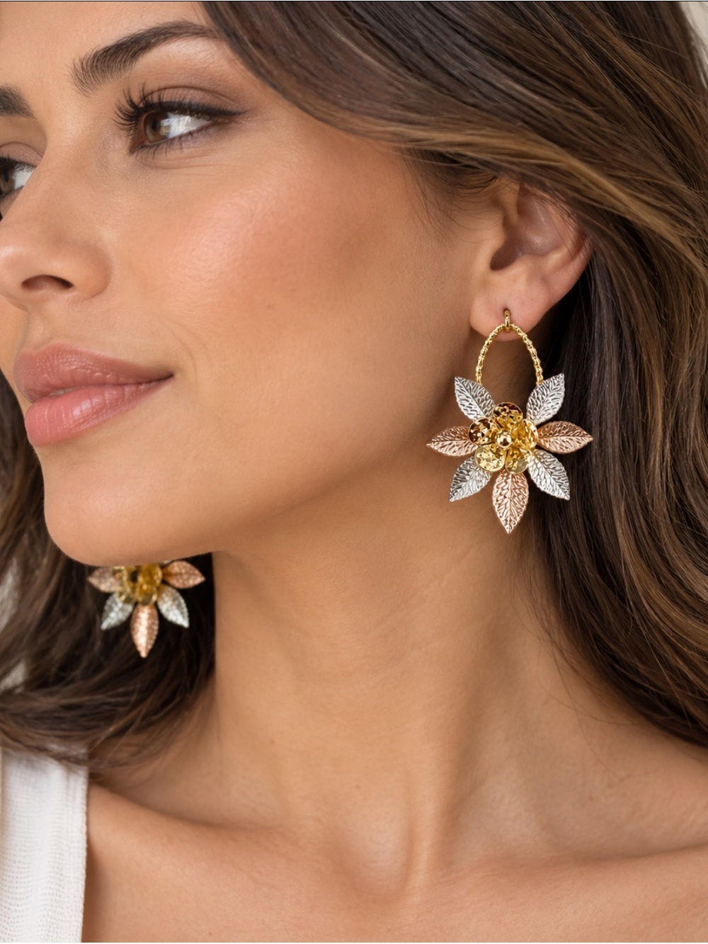 Mixed Metal Floral Leaf Statement Hoop Earrings Gold Silver Rose